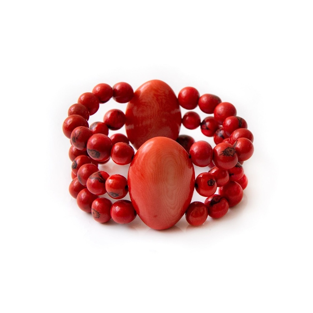 New Red Coral Sustainable Tagua Nut Stretch‎ Bracelet